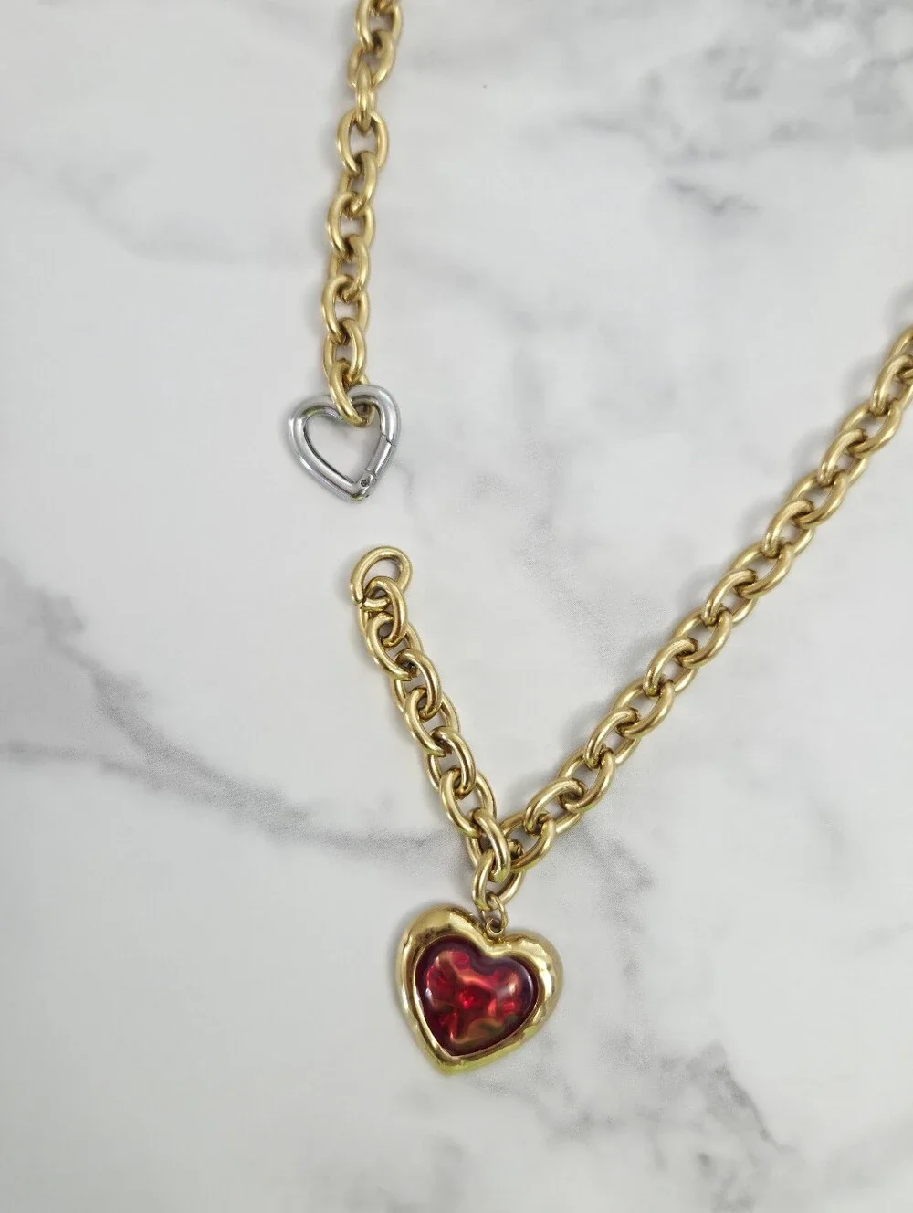 Gold Chunky Chain Necklace with Red Heart Pendant & Heart Carabiner Clasp